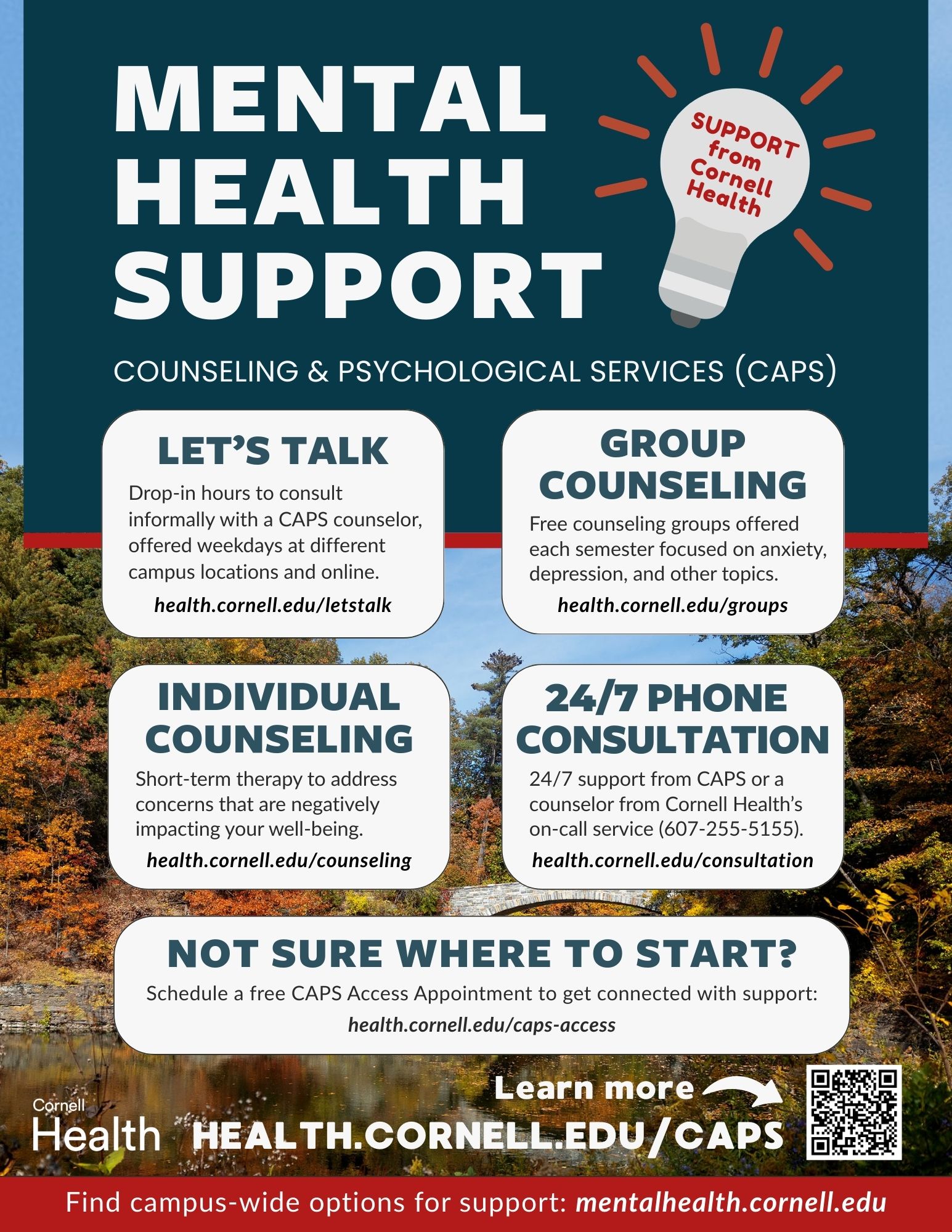 CAPS mental health support flyer pointing to health.cornell.edu/CAPS