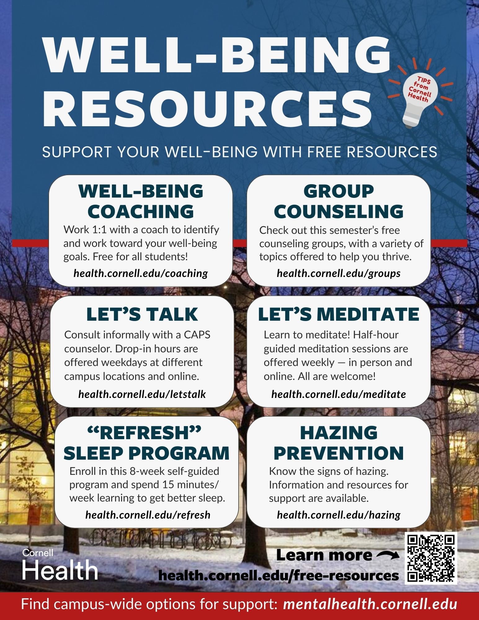 Well-being resources flyer pointing to health.cornell.edu/about/news/free-wellbeing-resources