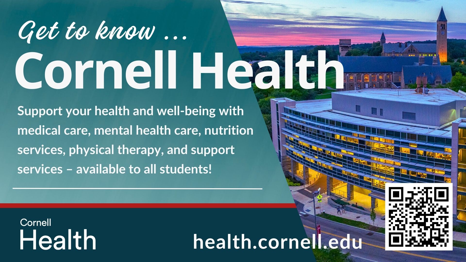 Cornell Health media screen image pointing to health.cornell.edu