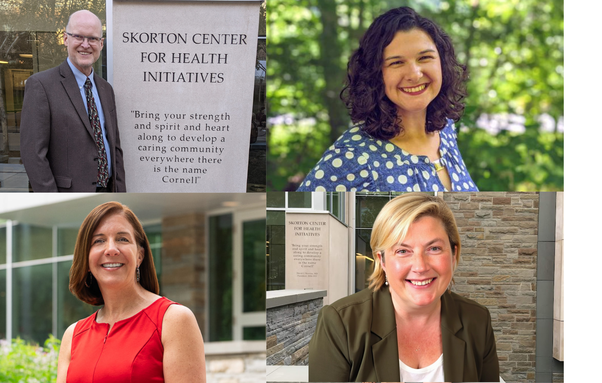 Skorton Center Leadership: Clockwise from top left: Timothy Marchell '82 (Director: Jul 2015-Oct 2021); Laura Santacrose '08 (Interim Director: Oct 2021-Jan 2022); Julie Edwards (Director Jan 2022-Jul 2024); Jennifer Austin (Director Dec 2024-present)