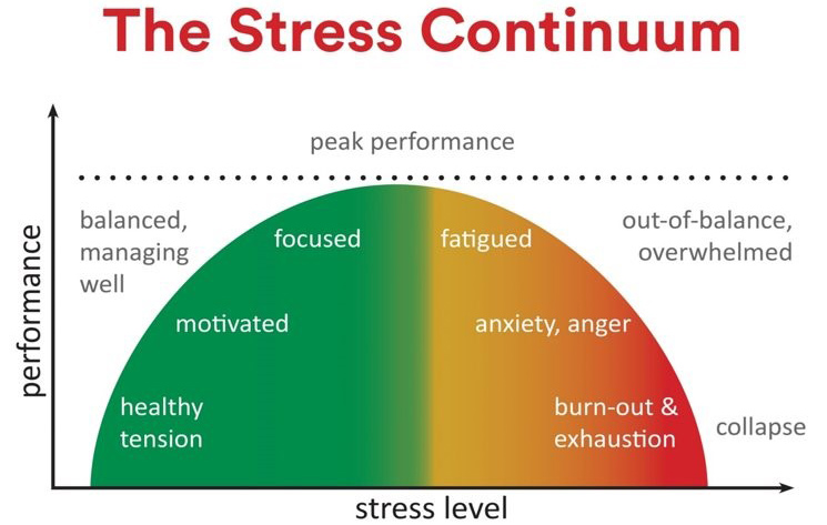 Stress continuum graph showing how performance is affected by stress, with healthy tension, motivated, and focused increasing to fatigued, anxiety, anger, burn-out and exhaustion